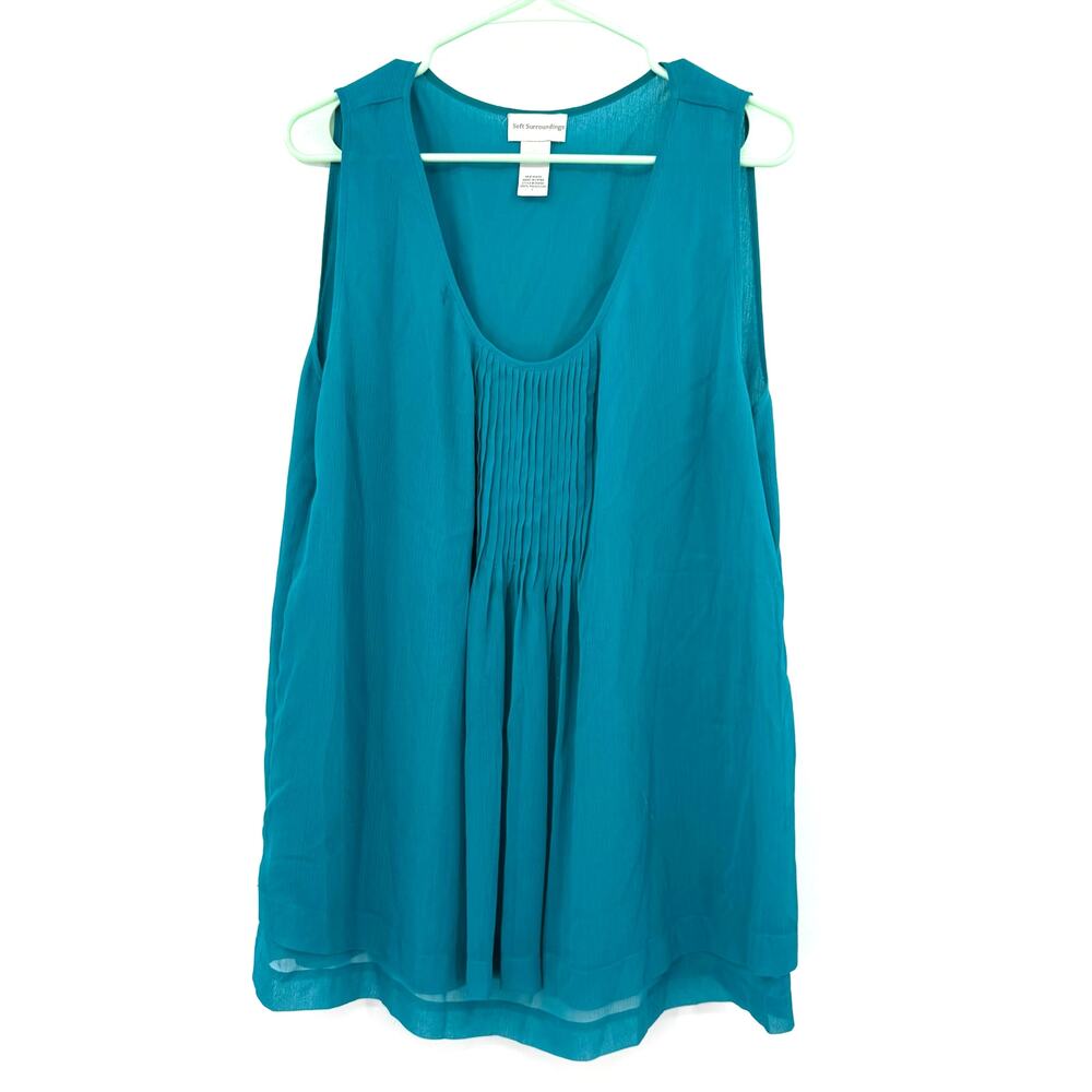 Soft Surroundings Size Large Blue Tank Top Sleeveless Blouse Shirt Pintucking